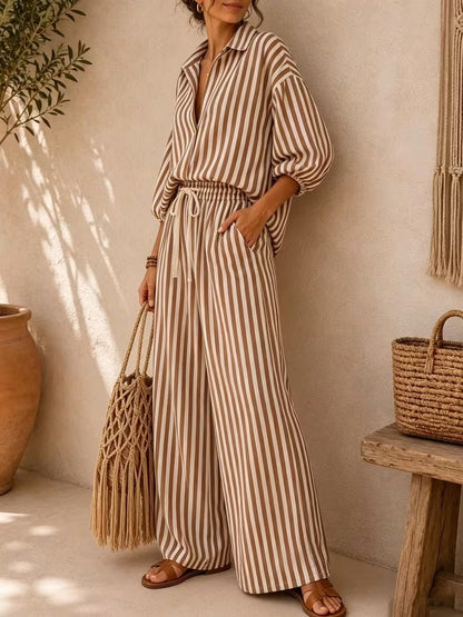 Women’s Striped Lapel Shirt & Relaxed Pants Co-Ord Set