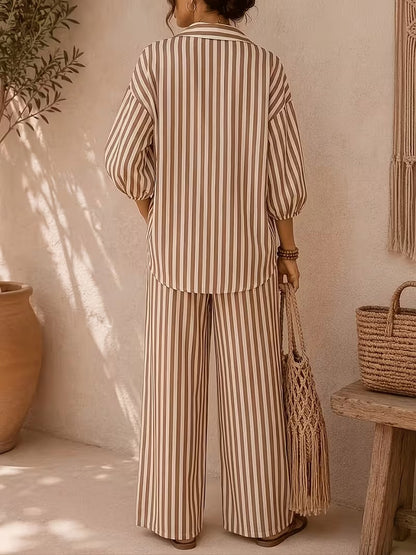 Women’s Striped Lapel Shirt & Relaxed Pants Co-Ord Set