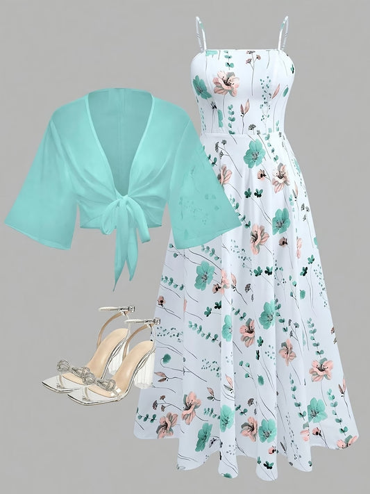 Plus Size Women’s Lightweight Chiffon Cardigan & Floral Midi Dress 2-Piece Set