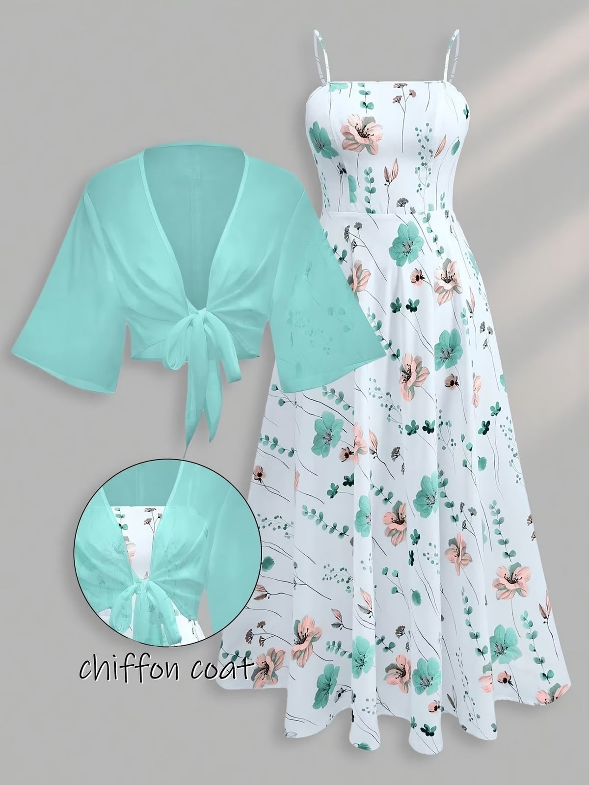 Plus Size Women’s Lightweight Chiffon Cardigan & Floral Midi Dress 2-Piece Set