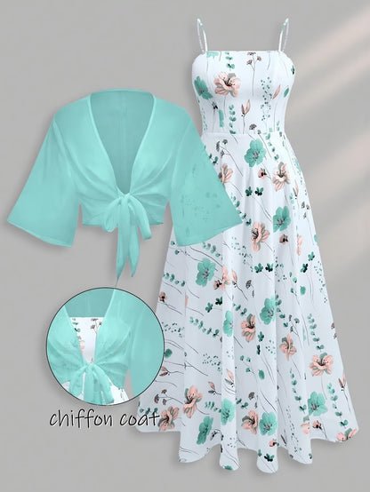 Plus Size Women’s Lightweight Chiffon Cardigan & Floral Midi Dress 2-Piece Set