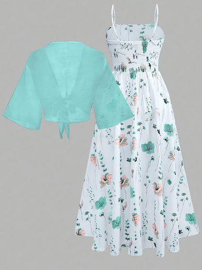 Plus Size Women’s Lightweight Chiffon Cardigan & Floral Midi Dress 2-Piece Set
