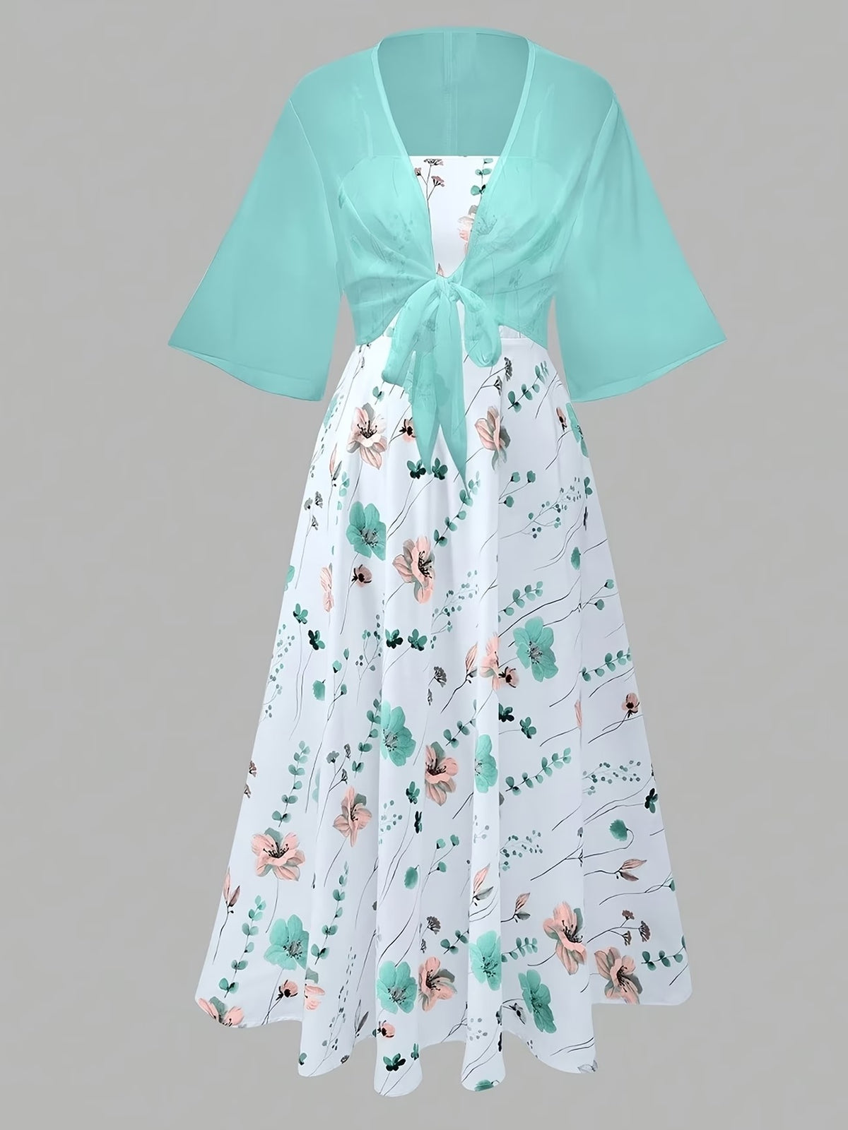 Plus Size Women’s Lightweight Chiffon Cardigan & Floral Midi Dress 2-Piece Set