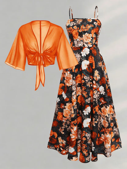 Plus Size Women’s Lightweight Chiffon Cardigan & Floral Midi Dress 2-Piece Set