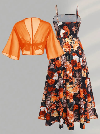 Plus Size Women’s Lightweight Chiffon Cardigan & Floral Midi Dress 2-Piece Set