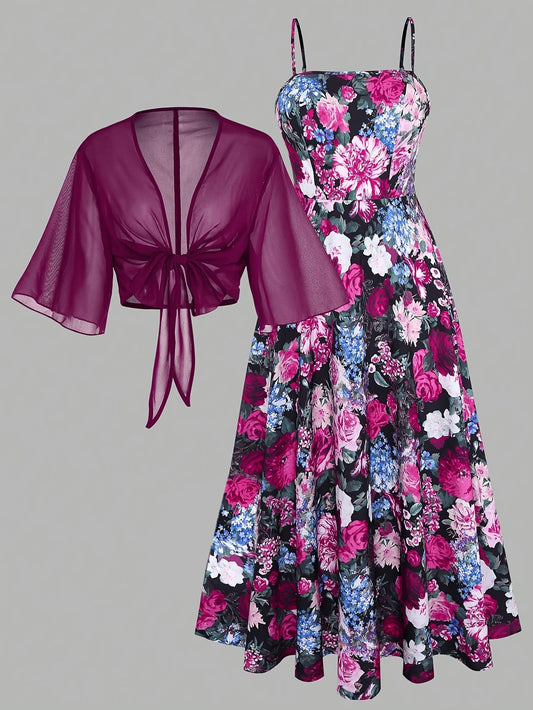 Plus Size Women’s Lightweight Chiffon Cardigan & Floral Midi Dress 2-Piece Set