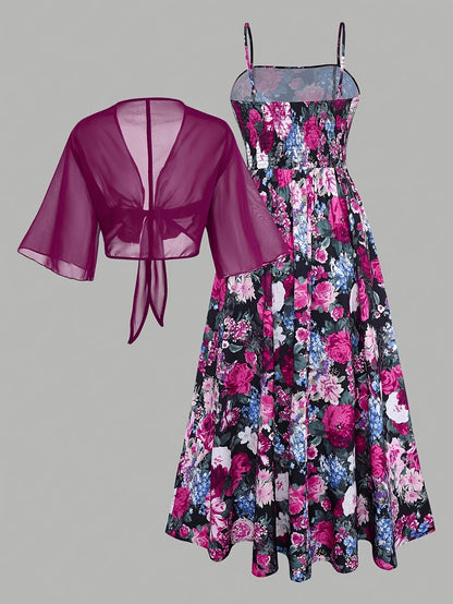 Plus Size Women’s Lightweight Chiffon Cardigan & Floral Midi Dress 2-Piece Set
