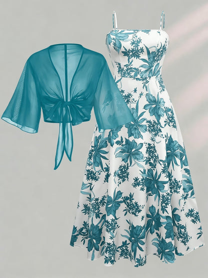 Plus Size Women’s Lightweight Chiffon Cardigan & Floral Midi Dress 2-Piece Set