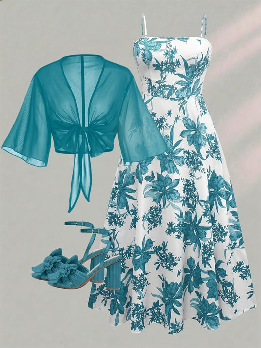 Plus Size Women’s Lightweight Chiffon Cardigan & Floral Midi Dress 2-Piece Set