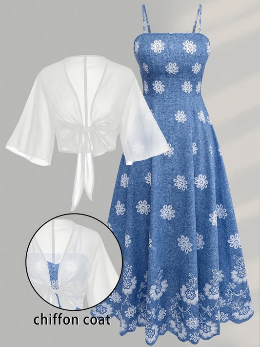 Plus Size Women’s Lightweight Chiffon Cardigan & Floral Midi Dress 2-Piece Set
