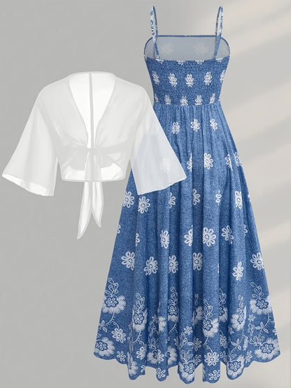 Plus Size Women’s Lightweight Chiffon Cardigan & Floral Midi Dress 2-Piece Set