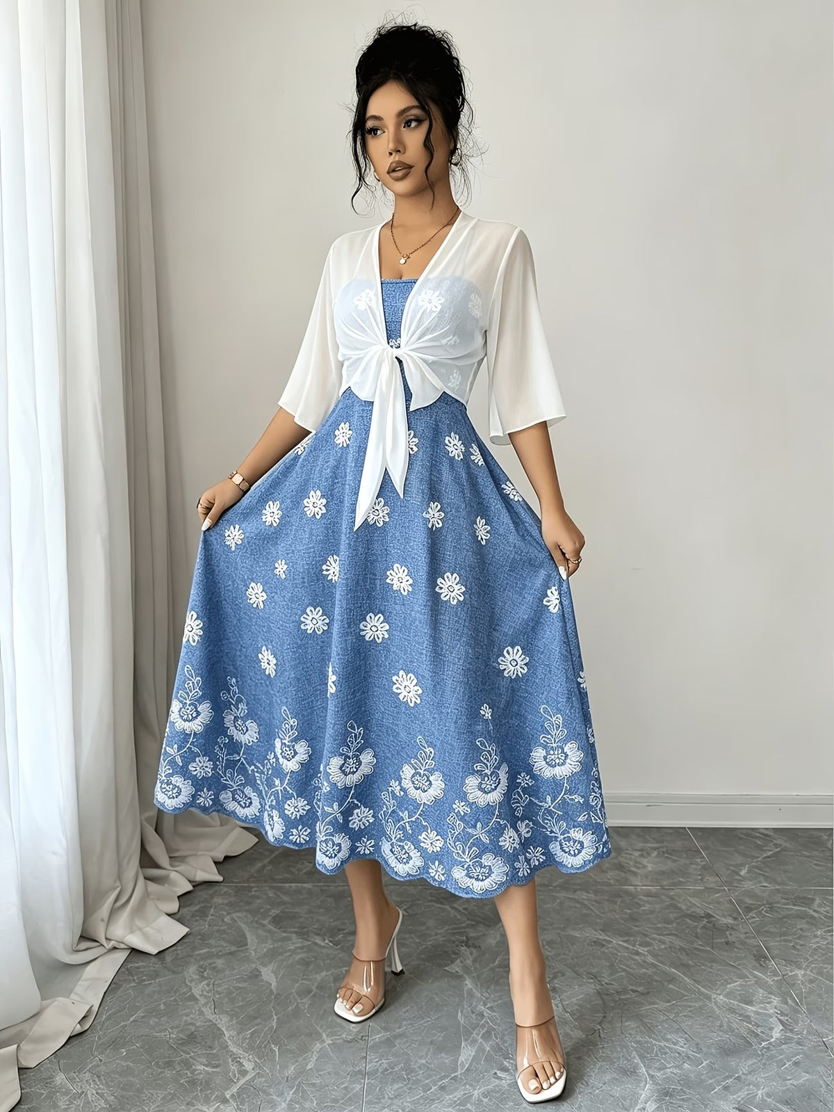 Plus Size Women’s Lightweight Chiffon Cardigan & Floral Midi Dress 2-Piece Set