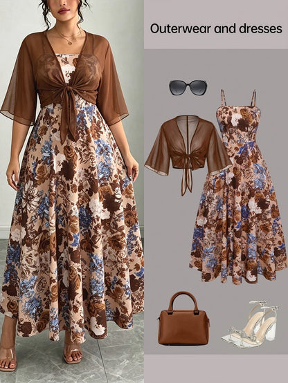 Plus Size Women’s Lightweight Chiffon Cardigan & Floral Midi Dress 2-Piece Set