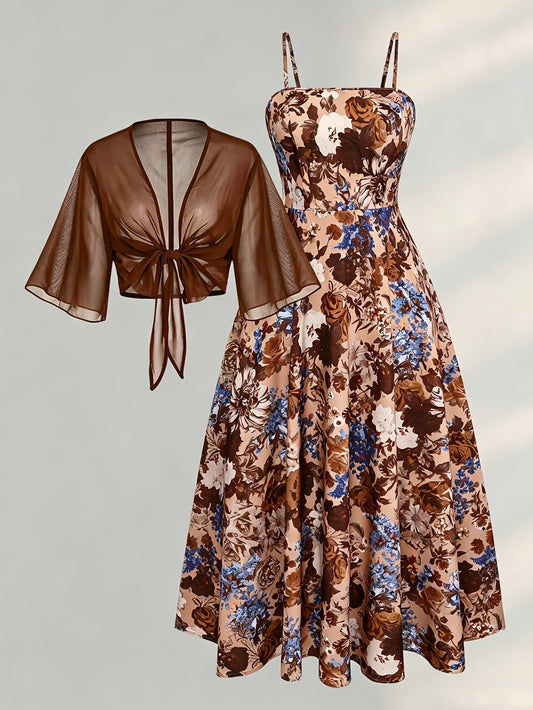 Plus Size Women’s Lightweight Chiffon Cardigan & Floral Midi Dress 2-Piece Set