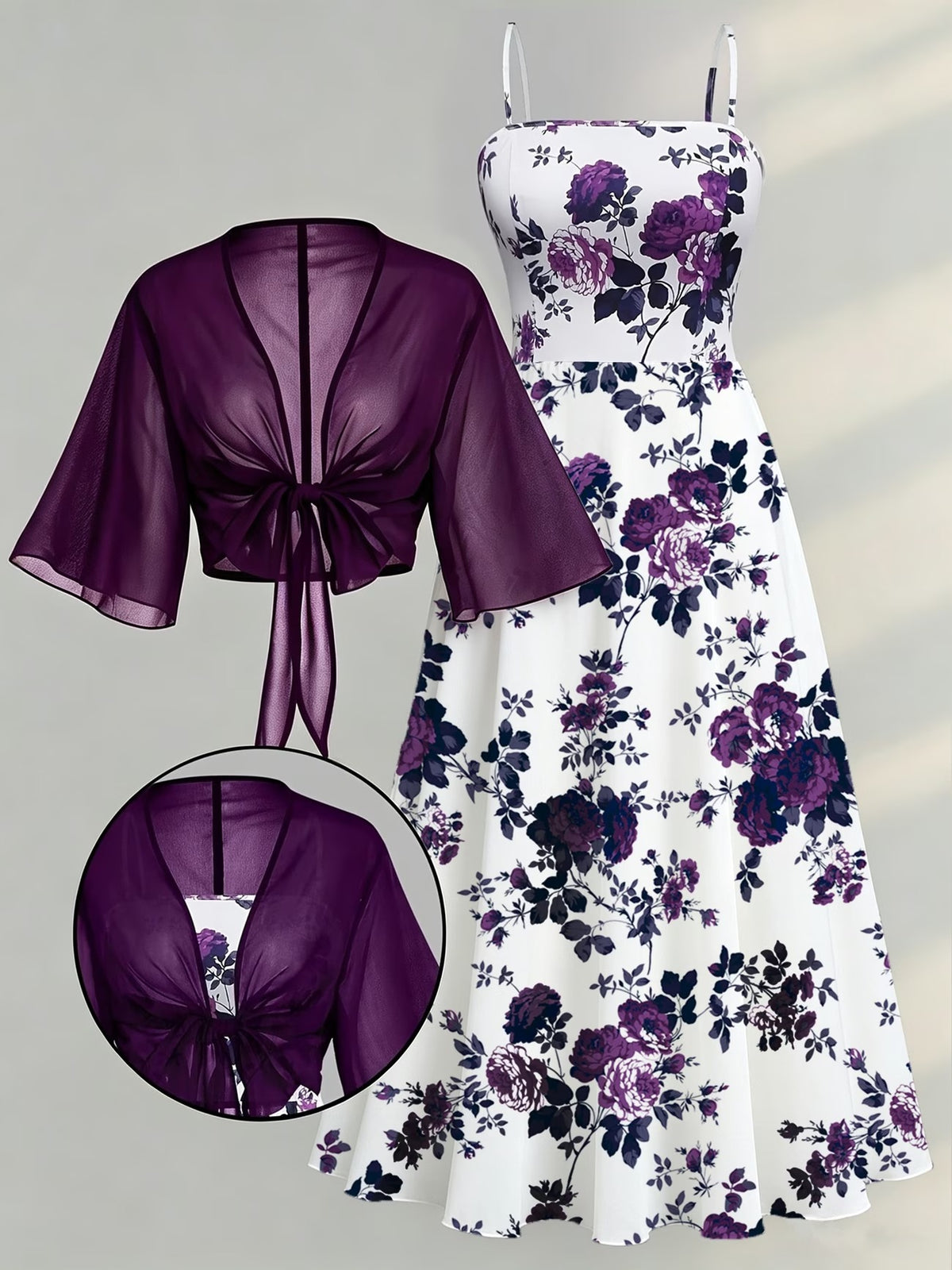 Plus Size Women’s Lightweight Chiffon Cardigan & Floral Midi Dress 2-Piece Set
