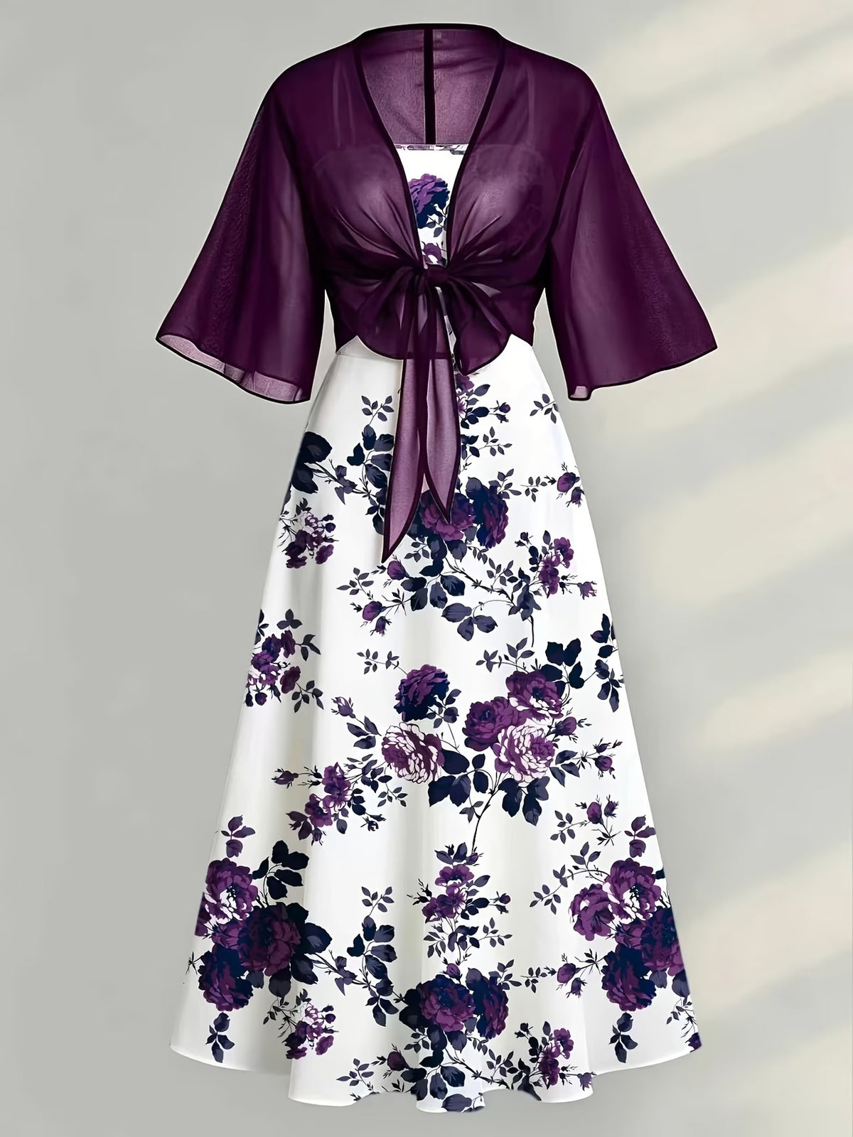 Plus Size Women’s Lightweight Chiffon Cardigan & Floral Midi Dress 2-Piece Set