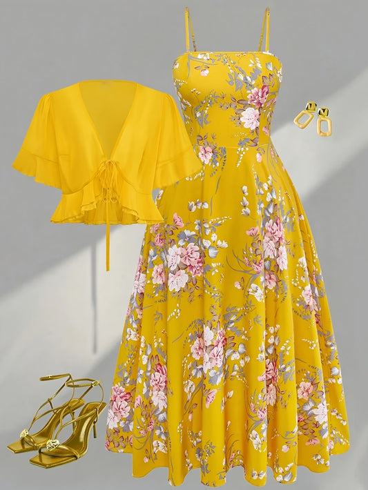 Plus Size Women’s Lightweight Chiffon Cardigan & Floral Midi Dress 2-Piece Set