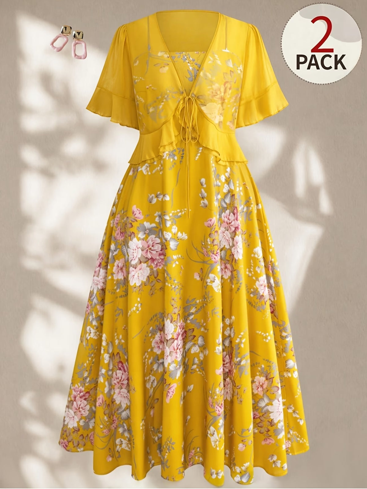 Plus Size Women’s Lightweight Chiffon Cardigan & Floral Midi Dress 2-Piece Set