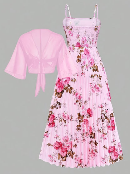 Plus Size Women’s Lightweight Chiffon Cardigan & Floral Midi Dress 2-Piece Set