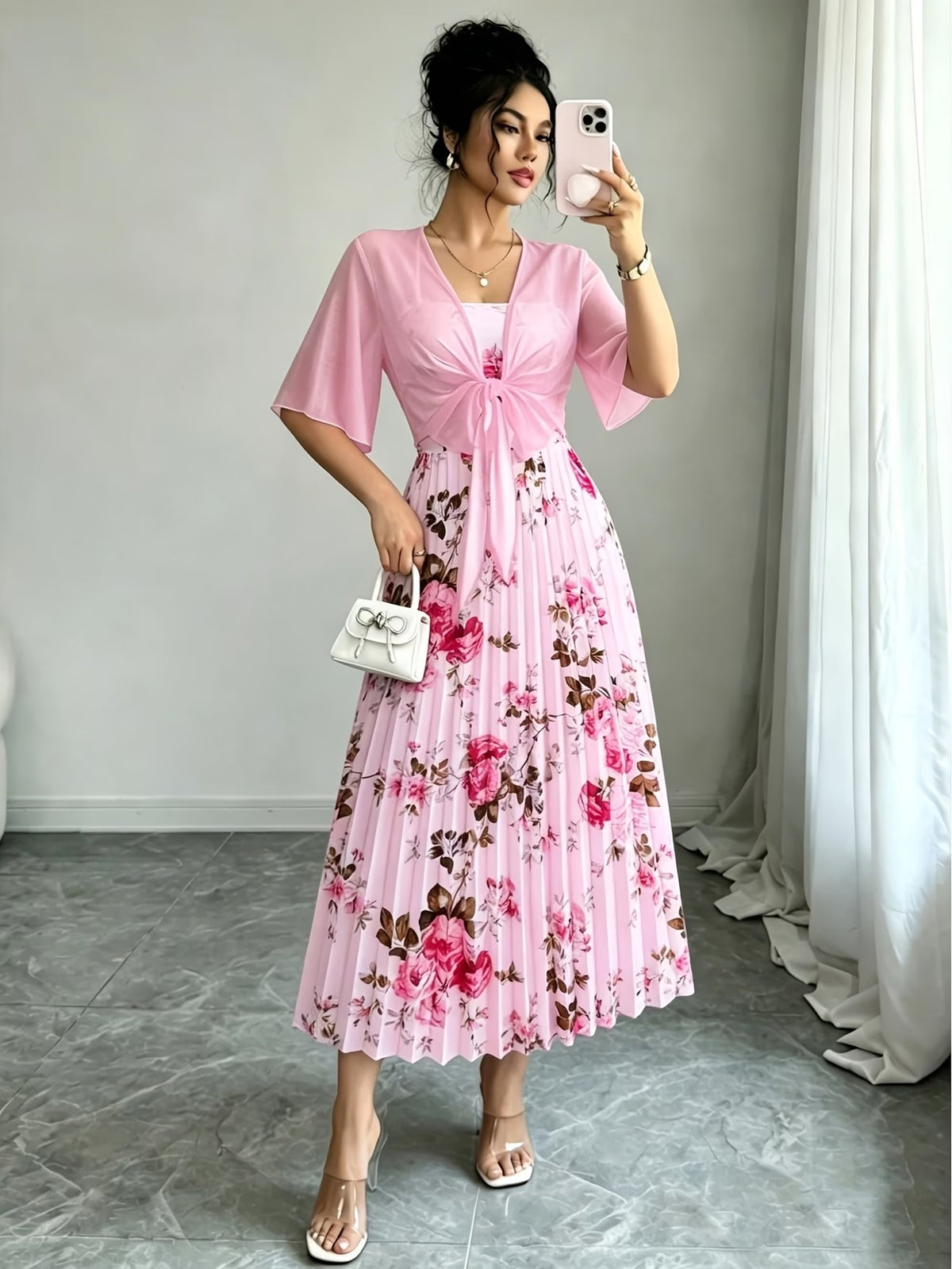 Plus Size Women’s Lightweight Chiffon Cardigan & Floral Midi Dress 2-Piece Set