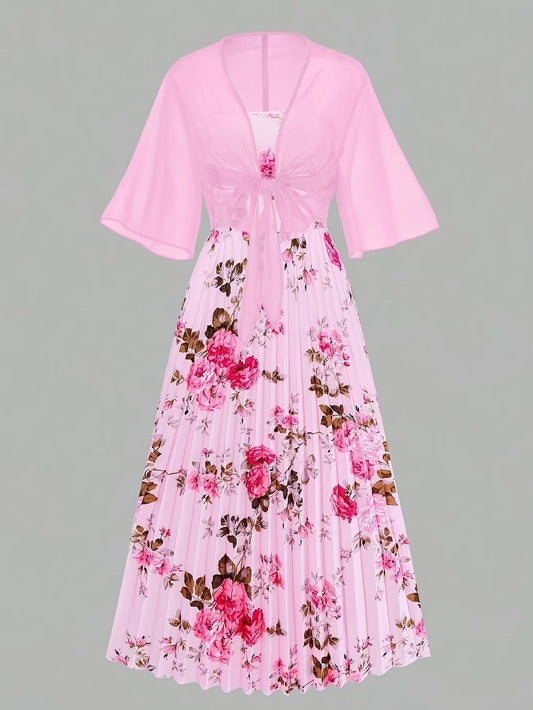 Plus Size Women’s Lightweight Chiffon Cardigan & Floral Midi Dress 2-Piece Set