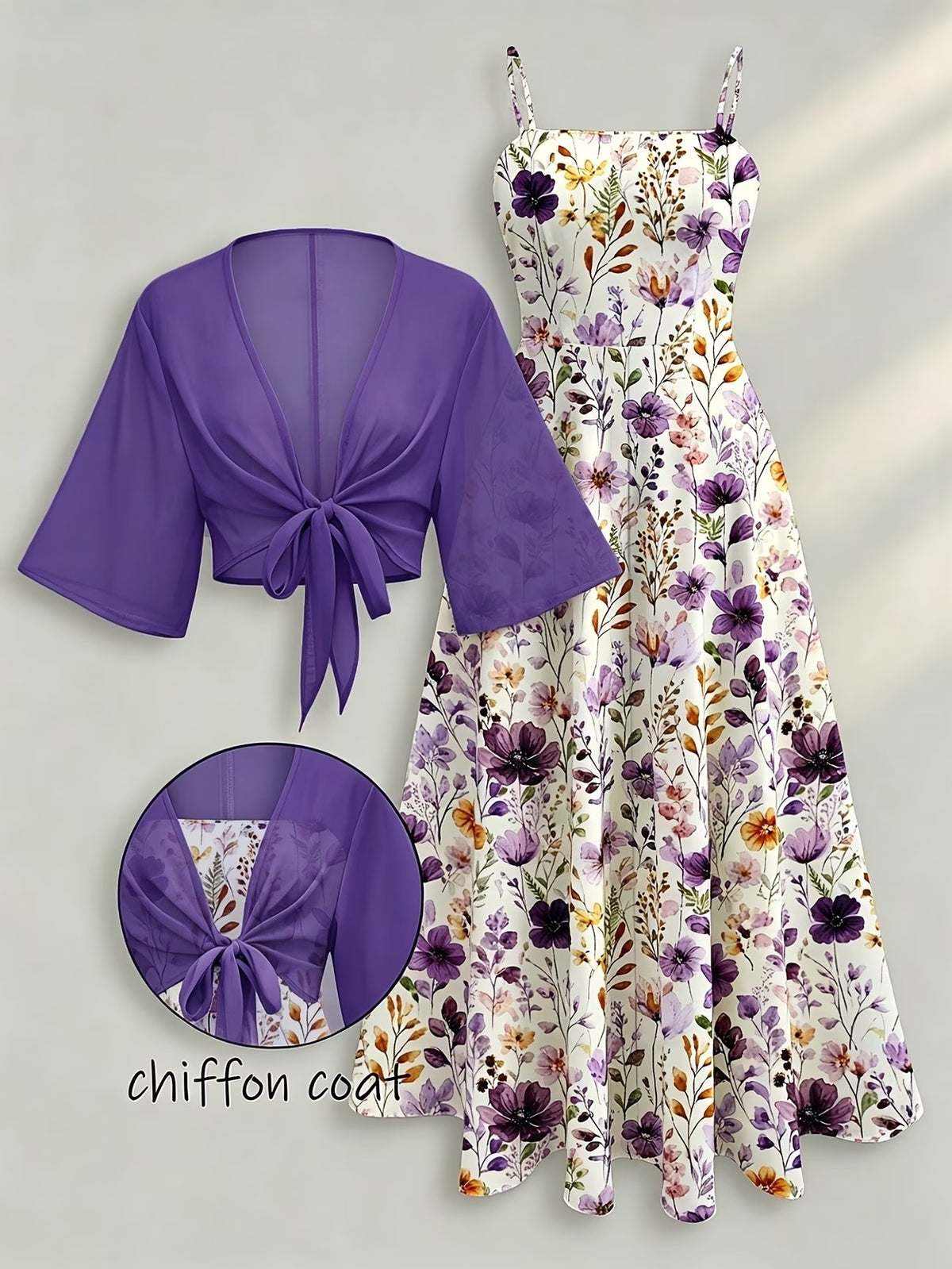 Plus Size Women’s Lightweight Chiffon Cardigan & Floral Midi Dress 2-Piece Set