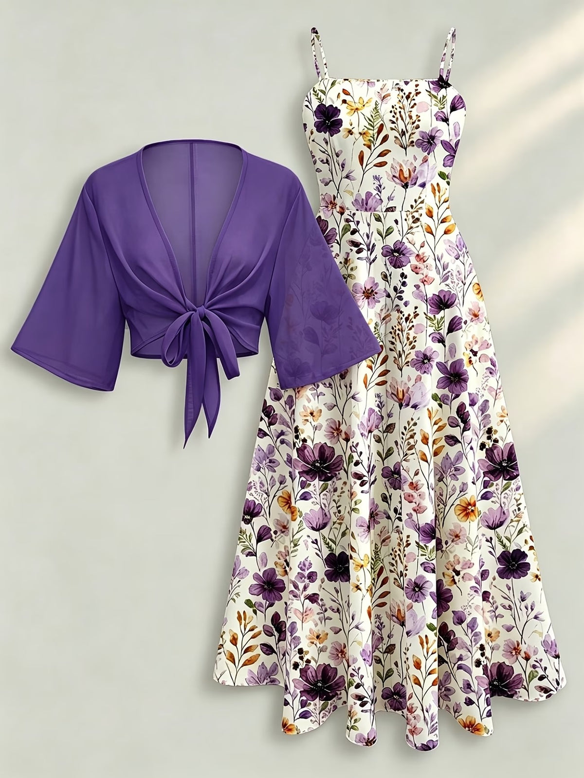 Plus Size Women’s Lightweight Chiffon Cardigan & Floral Midi Dress 2-Piece Set