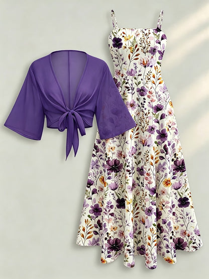 Plus Size Women’s Lightweight Chiffon Cardigan & Floral Midi Dress 2-Piece Set