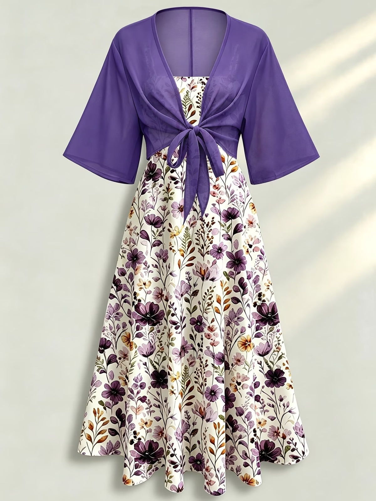 Plus Size Women’s Lightweight Chiffon Cardigan & Floral Midi Dress 2-Piece Set