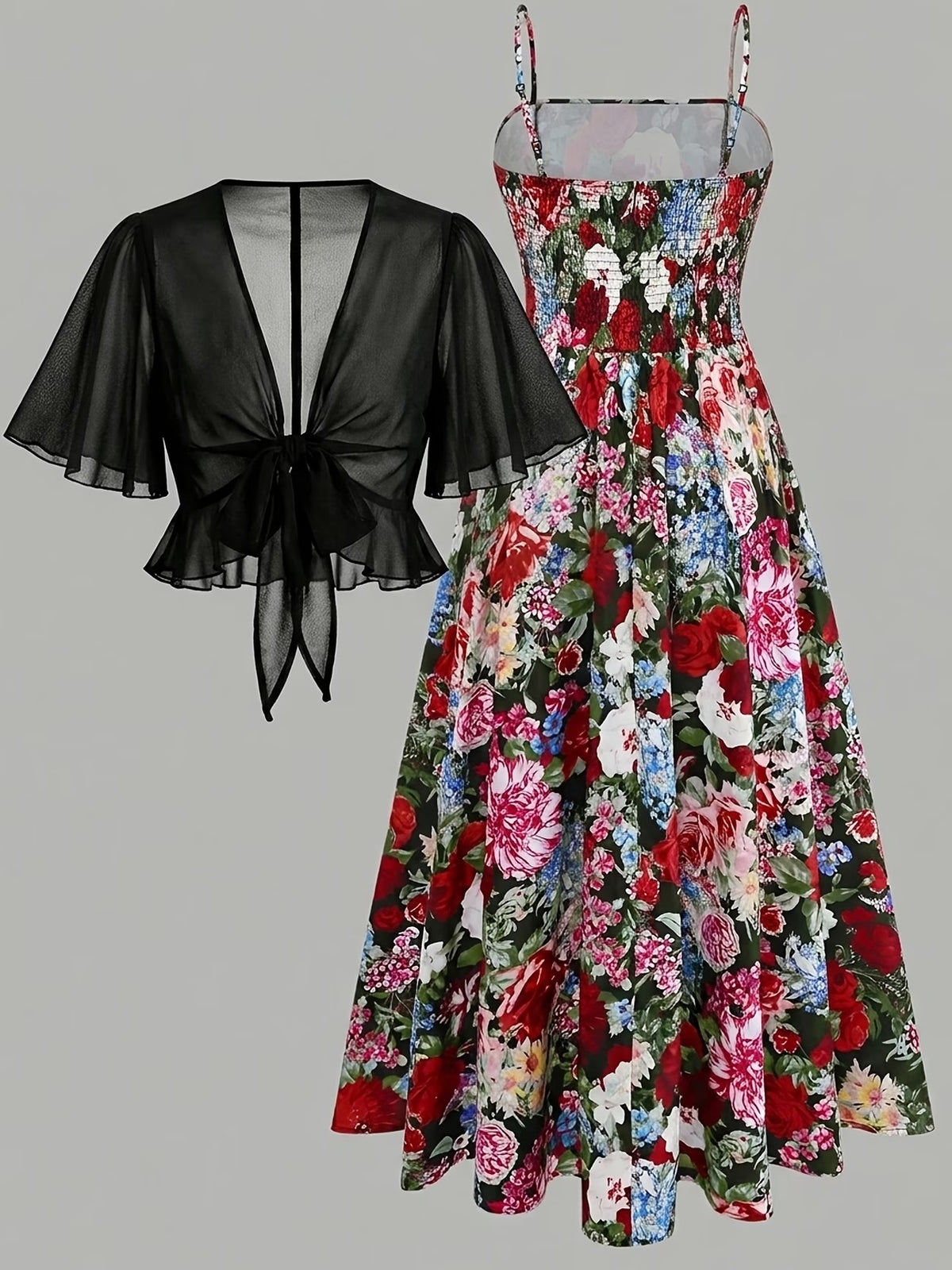 Plus Size Women’s Lightweight Chiffon Cardigan & Floral Midi Dress 2-Piece Set