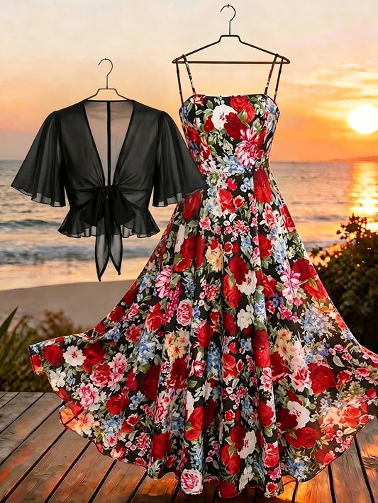 Plus Size Women’s Lightweight Chiffon Cardigan & Floral Midi Dress 2-Piece Set