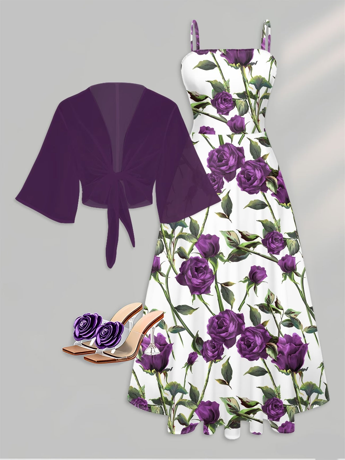 Plus Size Women’s Lightweight Chiffon Cardigan & Floral Midi Dress 2-Piece Set