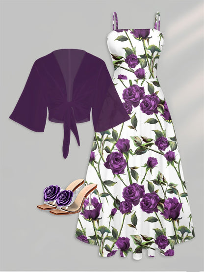 Plus Size Women’s Lightweight Chiffon Cardigan & Floral Midi Dress 2-Piece Set