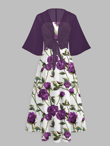 Plus Size Women’s Lightweight Chiffon Cardigan & Floral Midi Dress 2-Piece Set