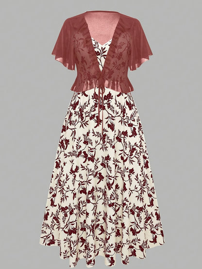 Plus Size Women’s Lightweight Chiffon Cardigan & Floral Midi Dress 2-Piece Set