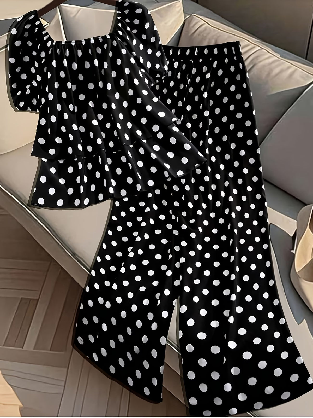 Plus Size Women’s French-Inspired Polka Dot Blouse & Elastic Waist Pants Set