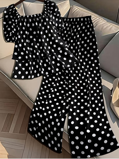 Plus Size Women’s French-Inspired Polka Dot Blouse & Elastic Waist Pants Set