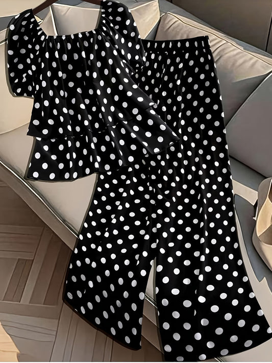 Plus Size Women’s French-Inspired Polka Dot Blouse & Elastic Waist Pants Set