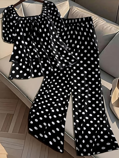 Plus Size Women’s French-Inspired Polka Dot Blouse & Elastic Waist Pants Set