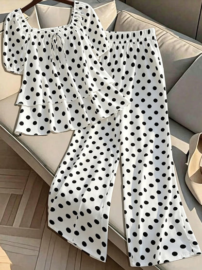 Plus Size Women’s French-Inspired Polka Dot Blouse & Elastic Waist Pants Set