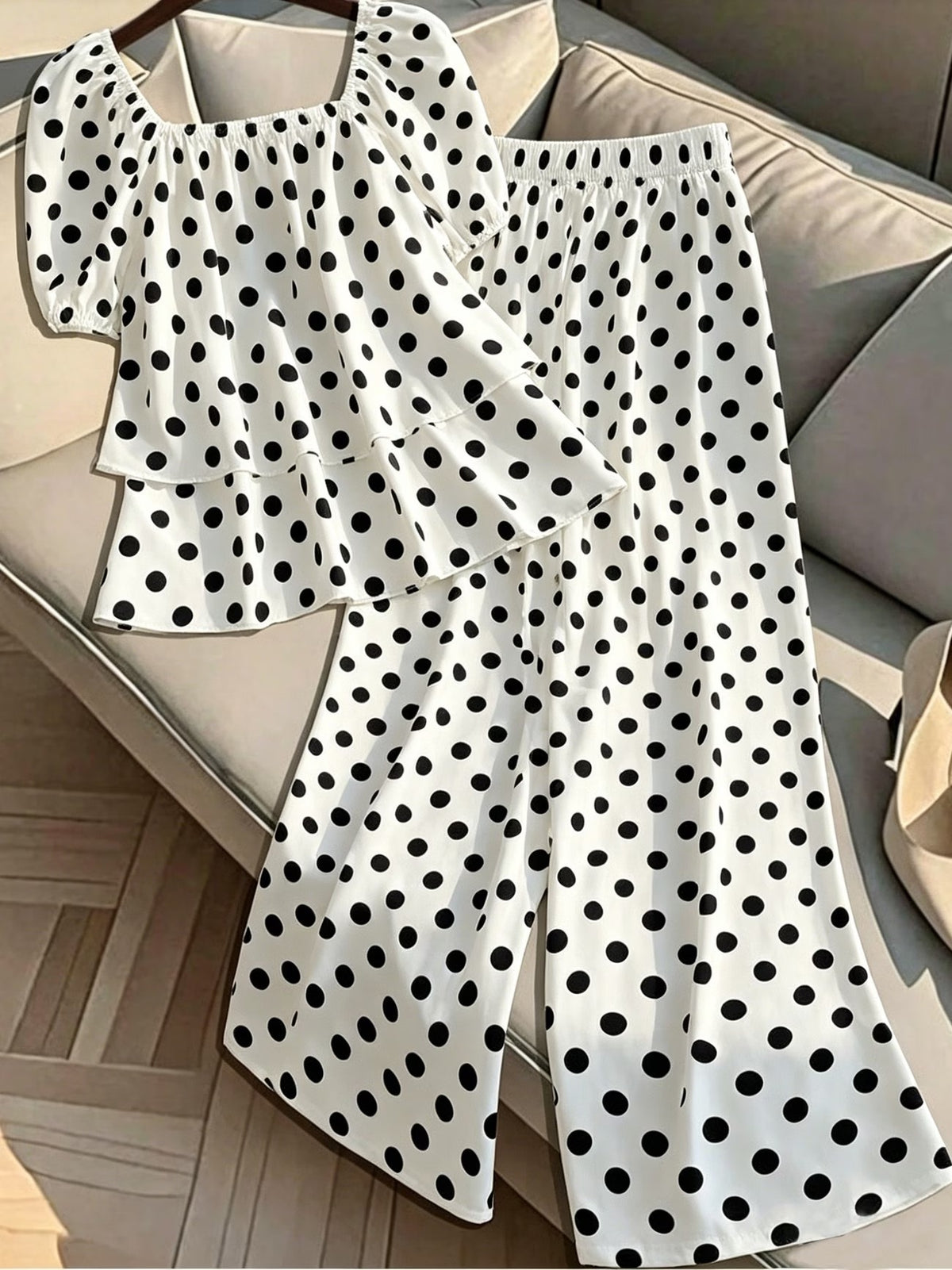 Plus Size Women’s French-Inspired Polka Dot Blouse & Elastic Waist Pants Set