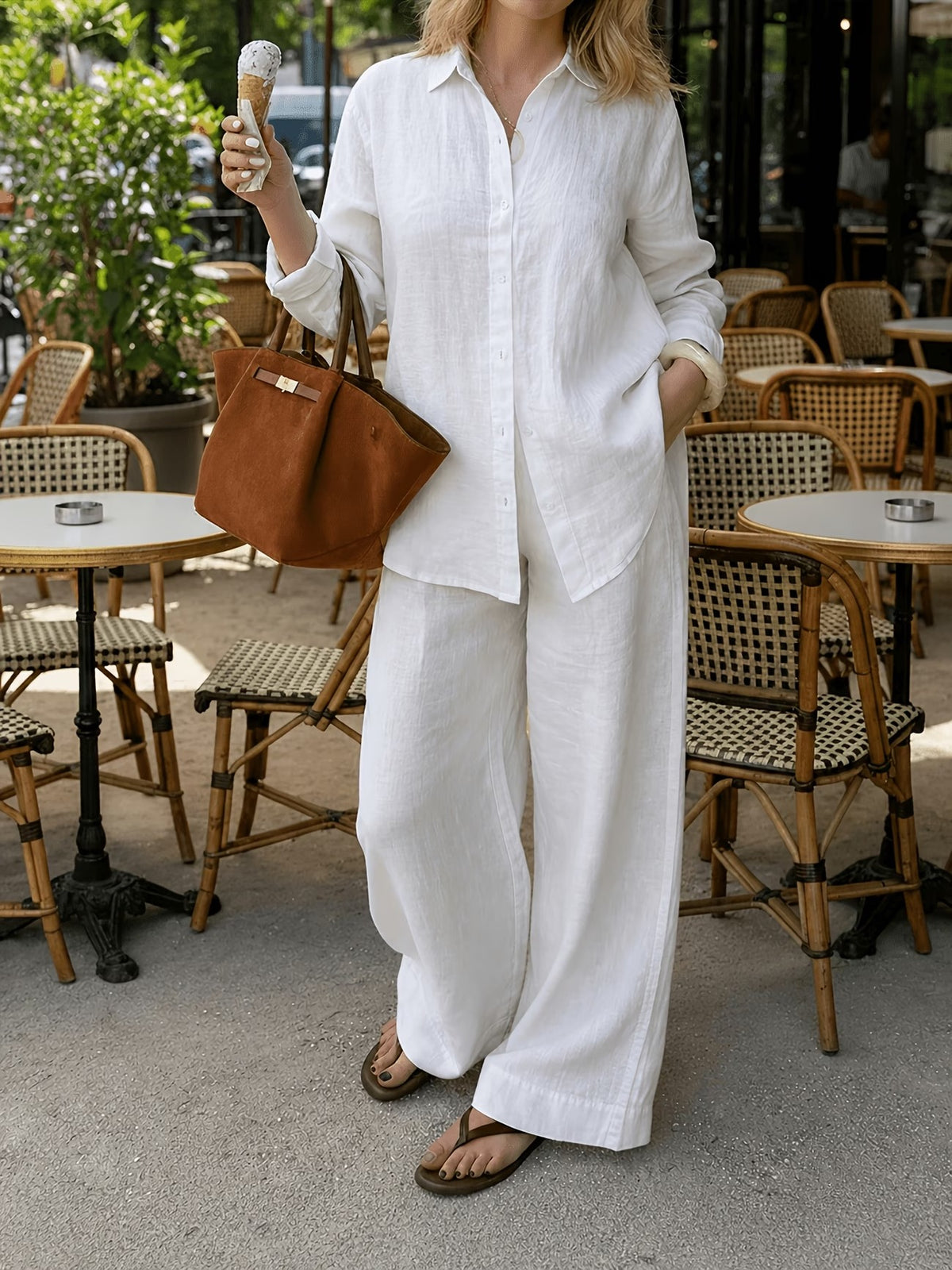 Women’s Classic Shirt & Wide-Leg Pants 2-Piece Co-Ord