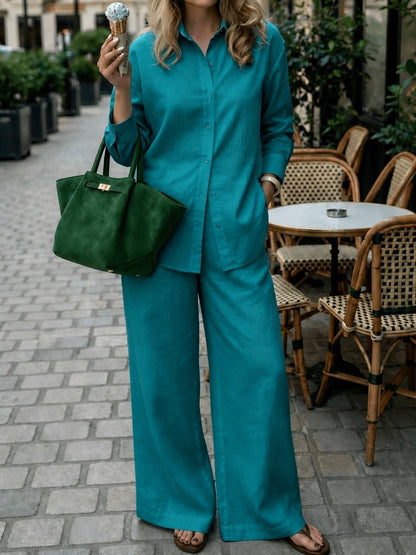Women’s Classic Shirt & Wide-Leg Pants 2-Piece Co-Ord