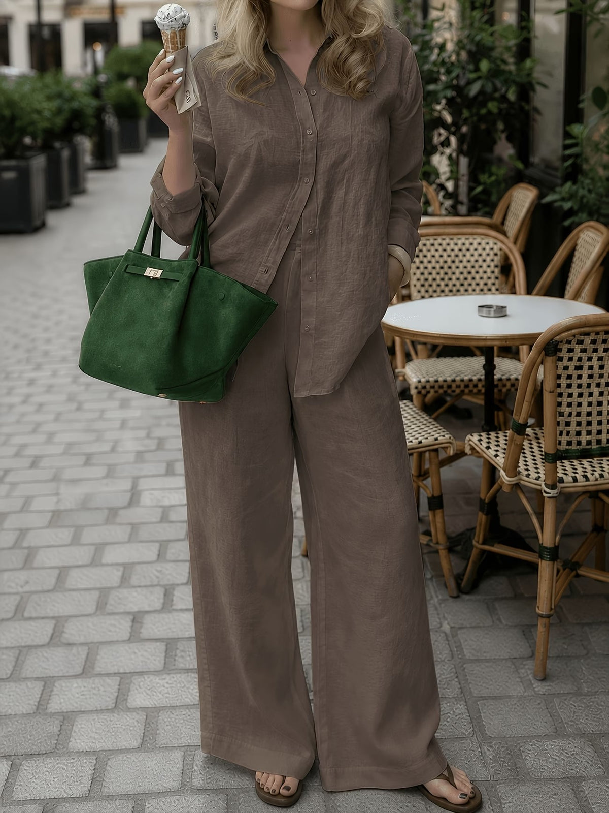 Women’s Classic Shirt & Wide-Leg Pants 2-Piece Co-Ord