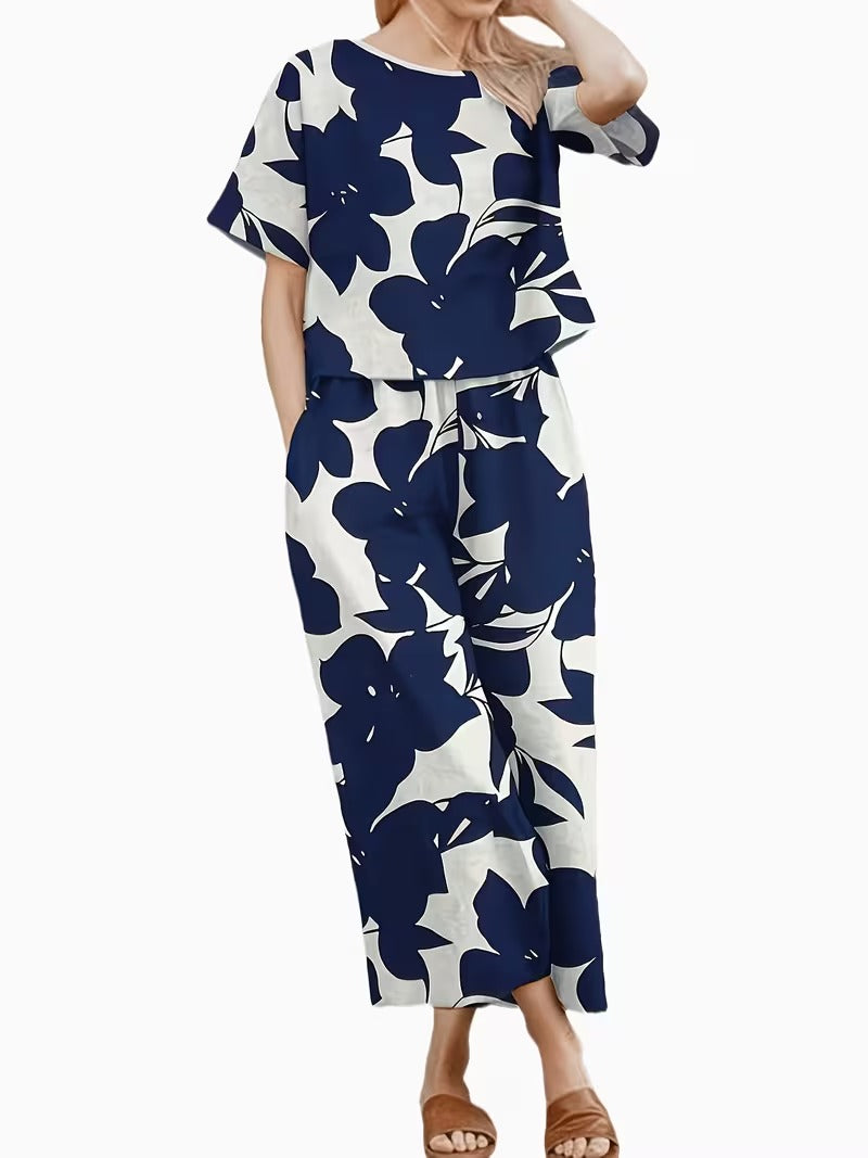 Women’s Casual Botanical Print Shirt & Wide-Leg Pants Set