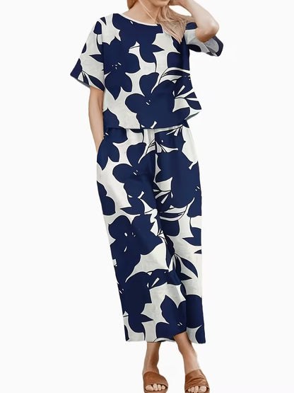Women’s Casual Botanical Print Shirt & Wide-Leg Pants Set