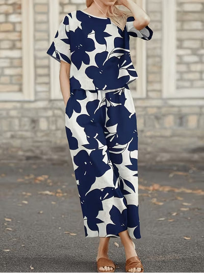 Women’s Casual Botanical Print Shirt & Wide-Leg Pants Set