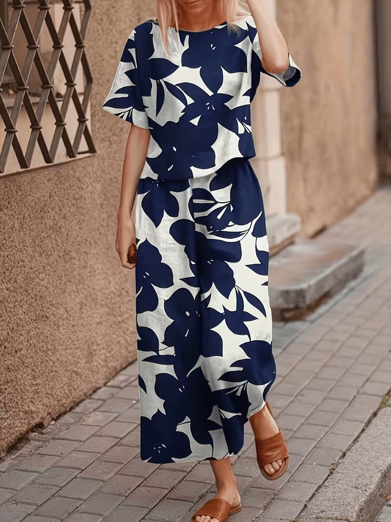 Women’s Casual Botanical Print Shirt & Wide-Leg Pants Set