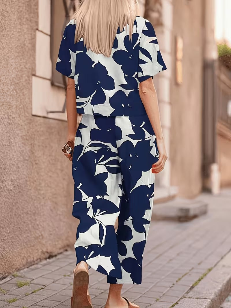 Women’s Casual Botanical Print Shirt & Wide-Leg Pants Set