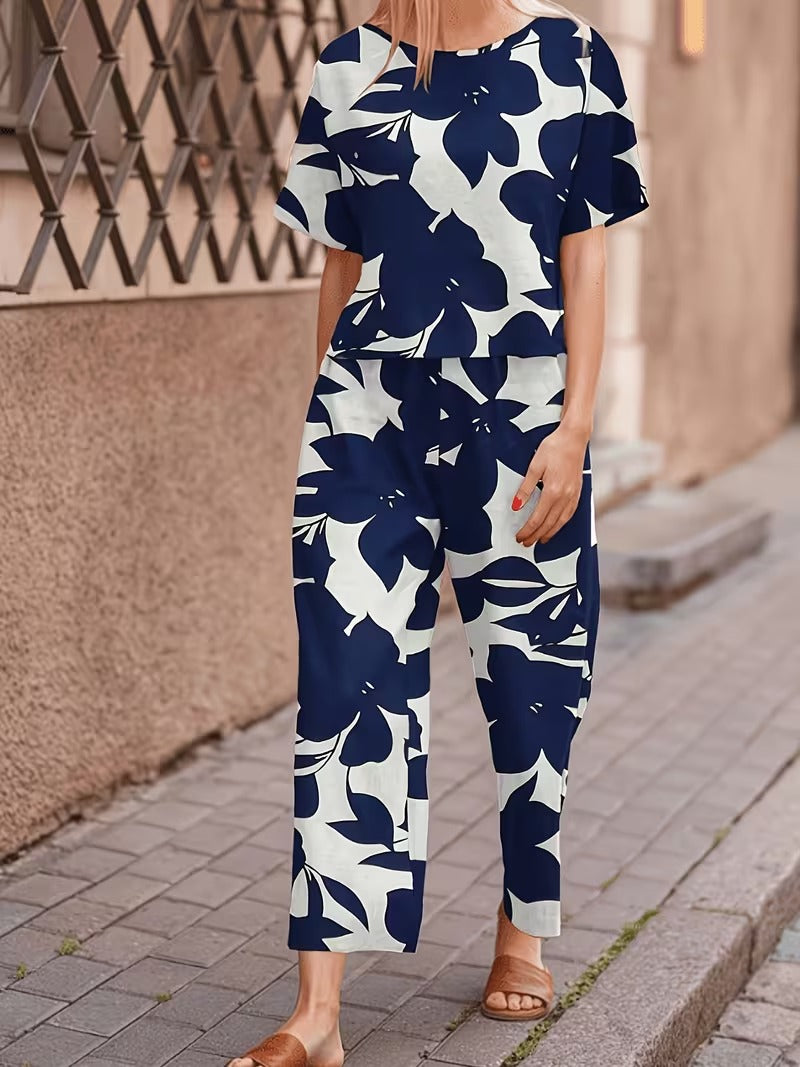 Women’s Casual Botanical Print Shirt & Wide-Leg Pants Set